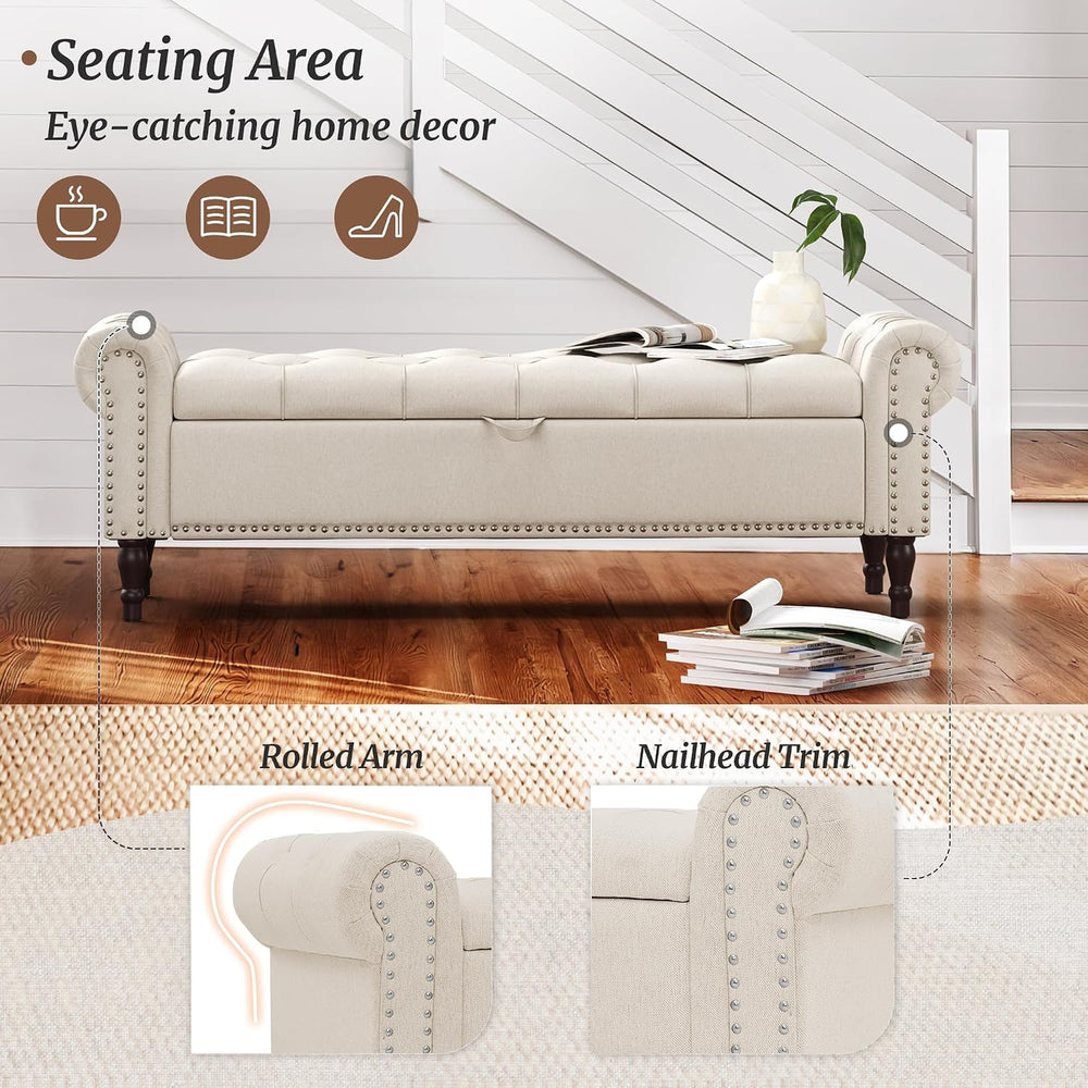 Cozyman Storage Bench Ottoman, 61" King Linen Rolled Arm Bedroom End of ...