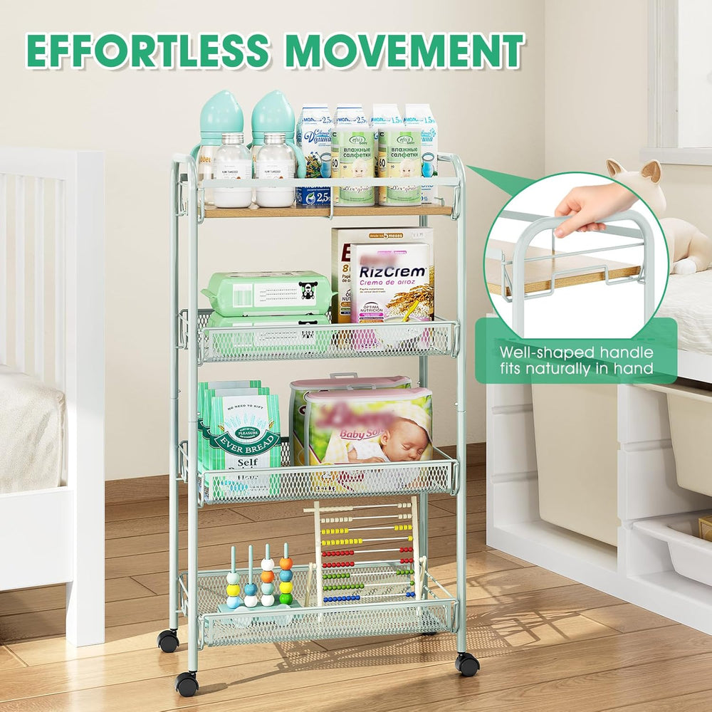 TOOLF 4-Tier Rolling Cart, Metal Utility Cart, Slide Out Storage Cart with Wo...
