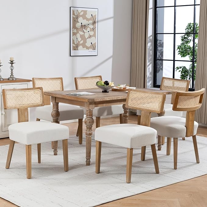 Mid-Century Modern Rattan Dining Chairs Set of 6 – Farmhouse Linen Upholstered Accent Chairs with Curved Backrest, Solid Hardwood Frame, and Comfortable Seat for Kitchen & Dining Room – Beige