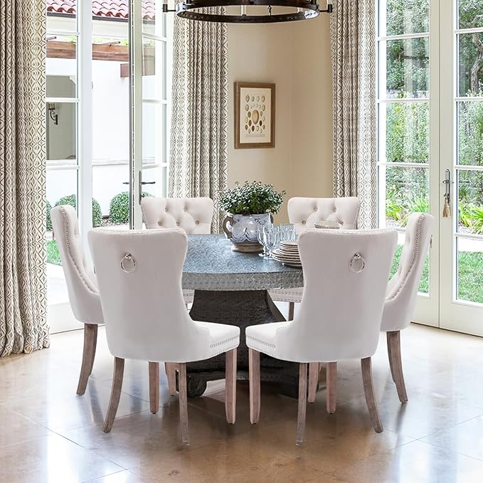 Velvet Upholstered Dining Chairs Set of 8, Modern Style Kitchen Side Chairs with Nailhead Trim and Wood Legs,Metal Pulling Ring for Dining Room Living Room(Beige)