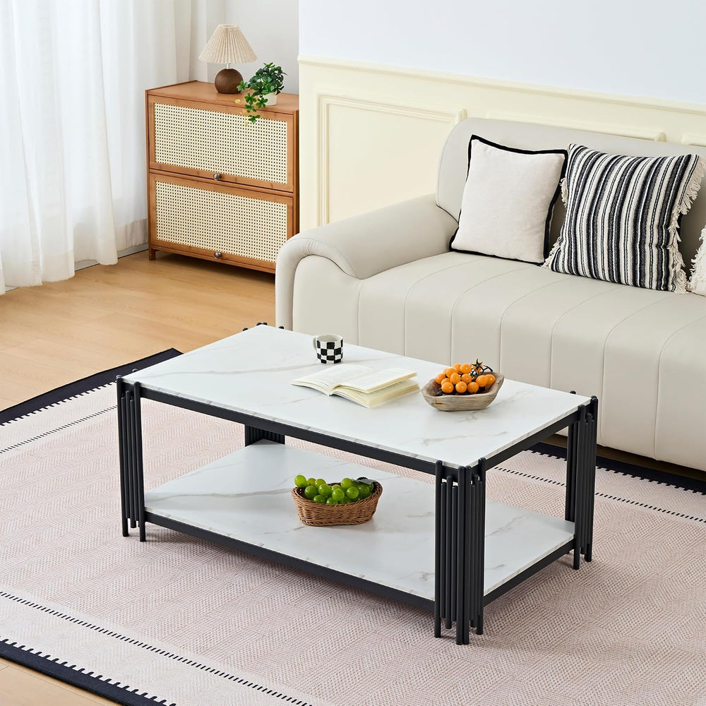 Modern 3-Piece Living Room Table Set, White Faux Marble Coffee Table and 2 En...
