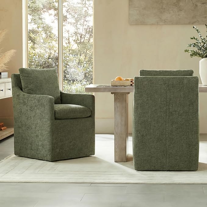Upholstered Dining Chairs with Casters, No Assembly Modern Accent Armchair wi...