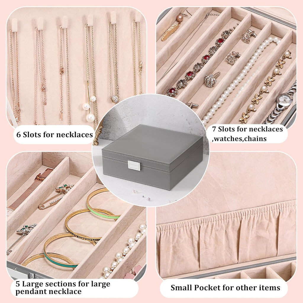 BEWISHOME 2-Layer Necklace Jewelry Box, Modern Style Necklace Storage, PU Leather Jewelry Box for Necklaces, Bracelet, Necklace Case for Women, Girls, Mom (Grey SSH31H)