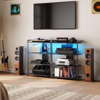 HOOBRO 4-Tier AV Media Stand, Media Console with Charging Station and LED Light, Wooden Stereo Cabinet, Corner TV Stand, Record Player, Entertainment Device Stand, Black BB42UDCJ01