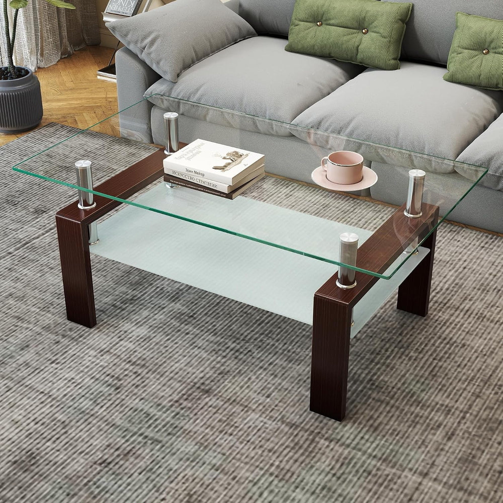 IANIYA Rectangle Glass Coffee Table, Modern Living Room Table with Brown Meta...