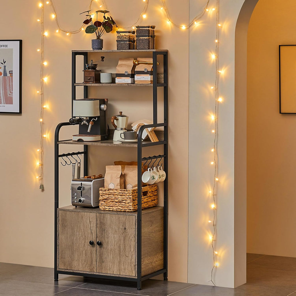 Yaheetech 4-Tier Bakers Rack with Cabinet,Coffee Bar Microwave Stand,Gray | Microwave Oven Stand Pantry Cabinet with S Hooks and Hutch,Freestanding Kitchen Shelves Spice Rack