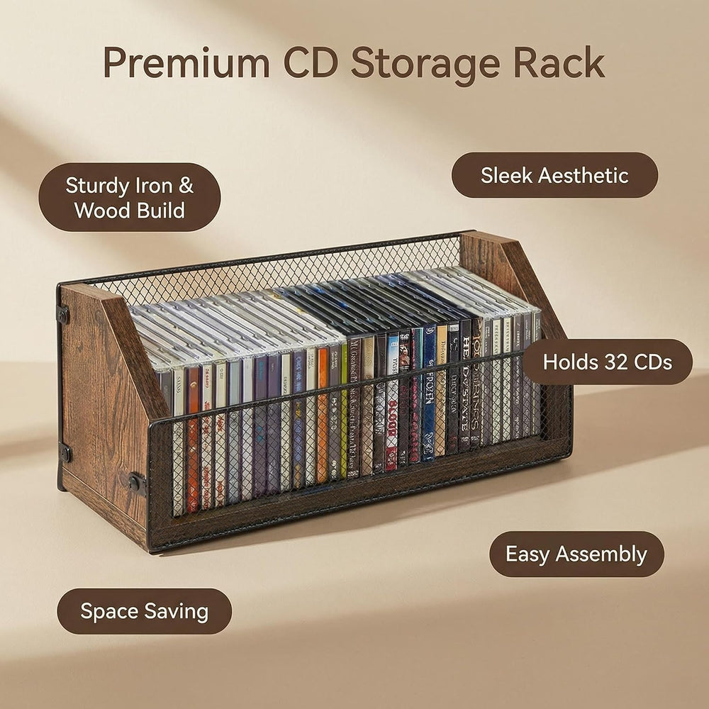 CD Storage Rack, Wooden CD Organizer Holds 32 CDs, Retro CD Shelf for Desktop...