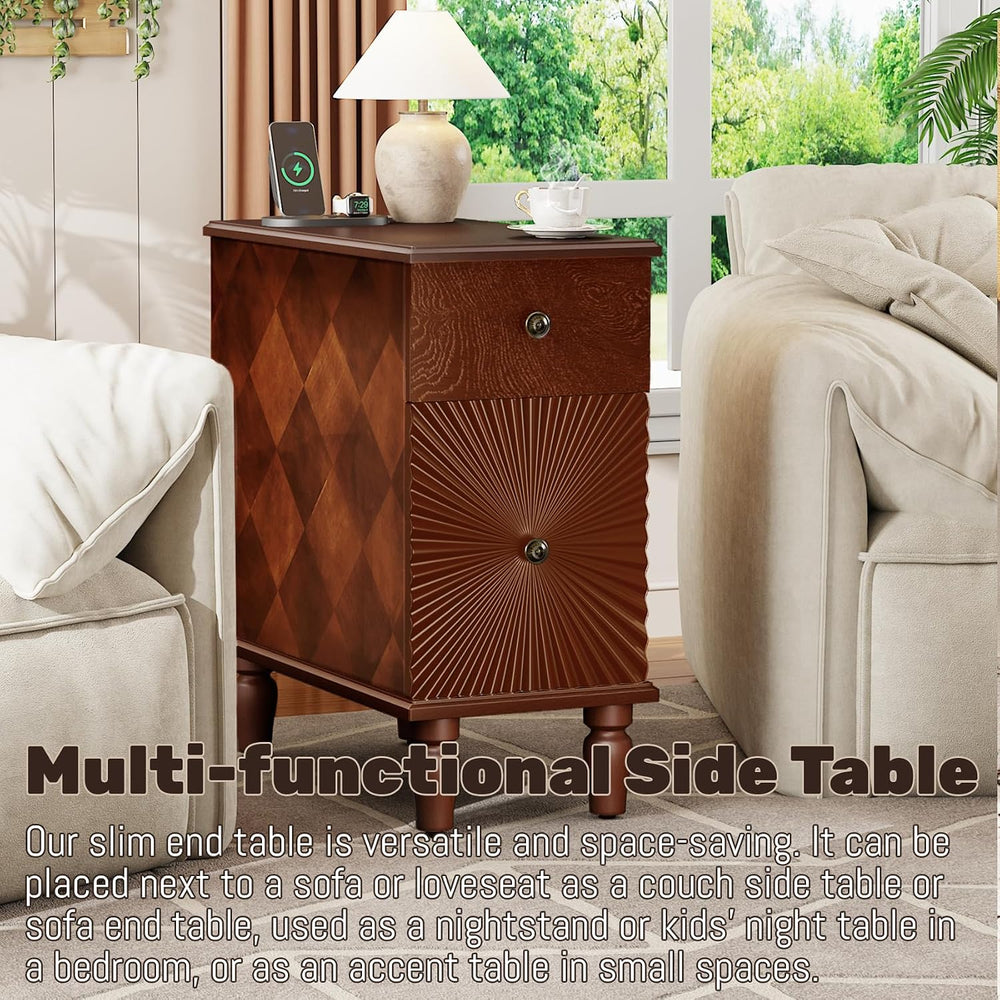Wood End Table with Charging Station, Fully Assembled Slim Side Table with Dr...