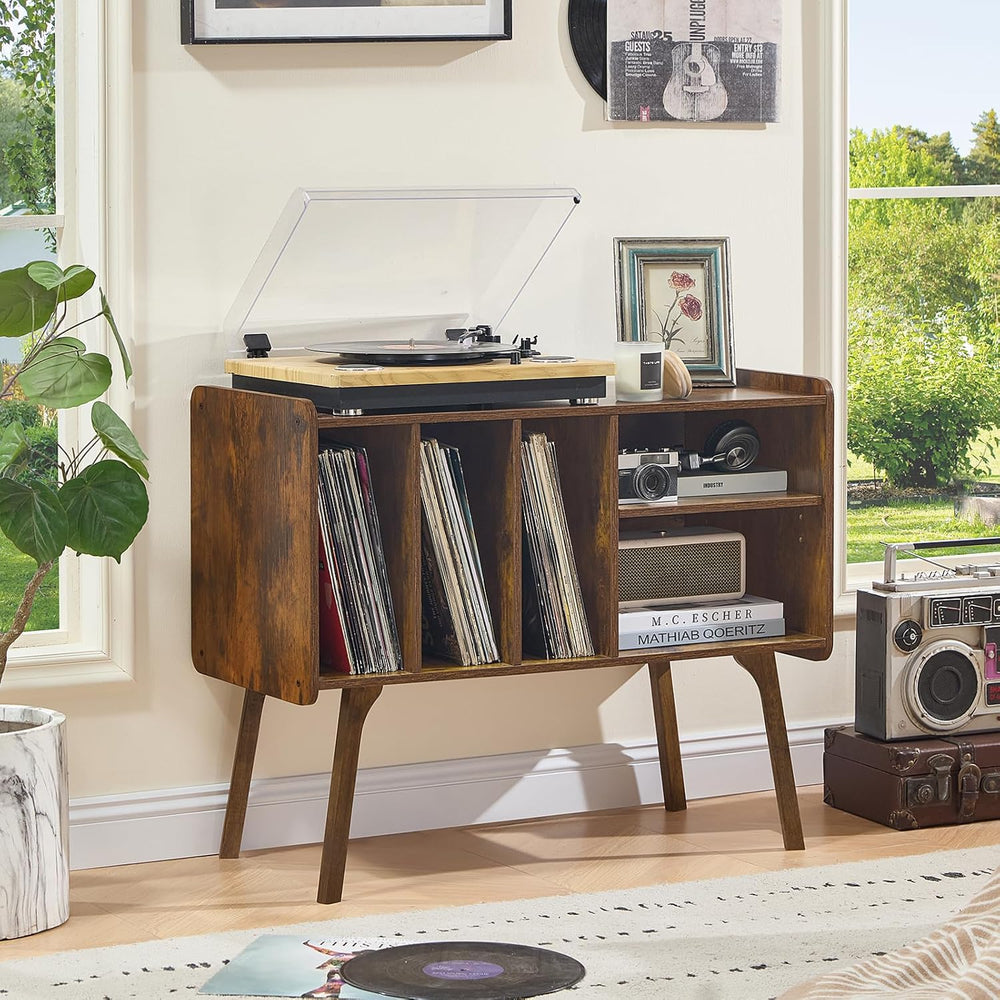 Lerliuo Record Player Stand with 4 Cabinet Holds Up to 220 Albums,Brown | Lar...