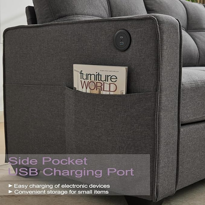 TYBOATLE 65" Small Couches for Bedroom, Mid-Century Modern Tufted Comfy Loveseat w/USB Charging Ports and Wide Arms, 2 Seater Office Small Sofa for Dorm, Apartment, Grey