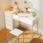 SUPERJARE 35.4" White and Gold Desk with 2 Drawers, Modern Makeup Vanity with Padded Stool, Small Computer Desk Home Office Desk for Writing Study Bedroom