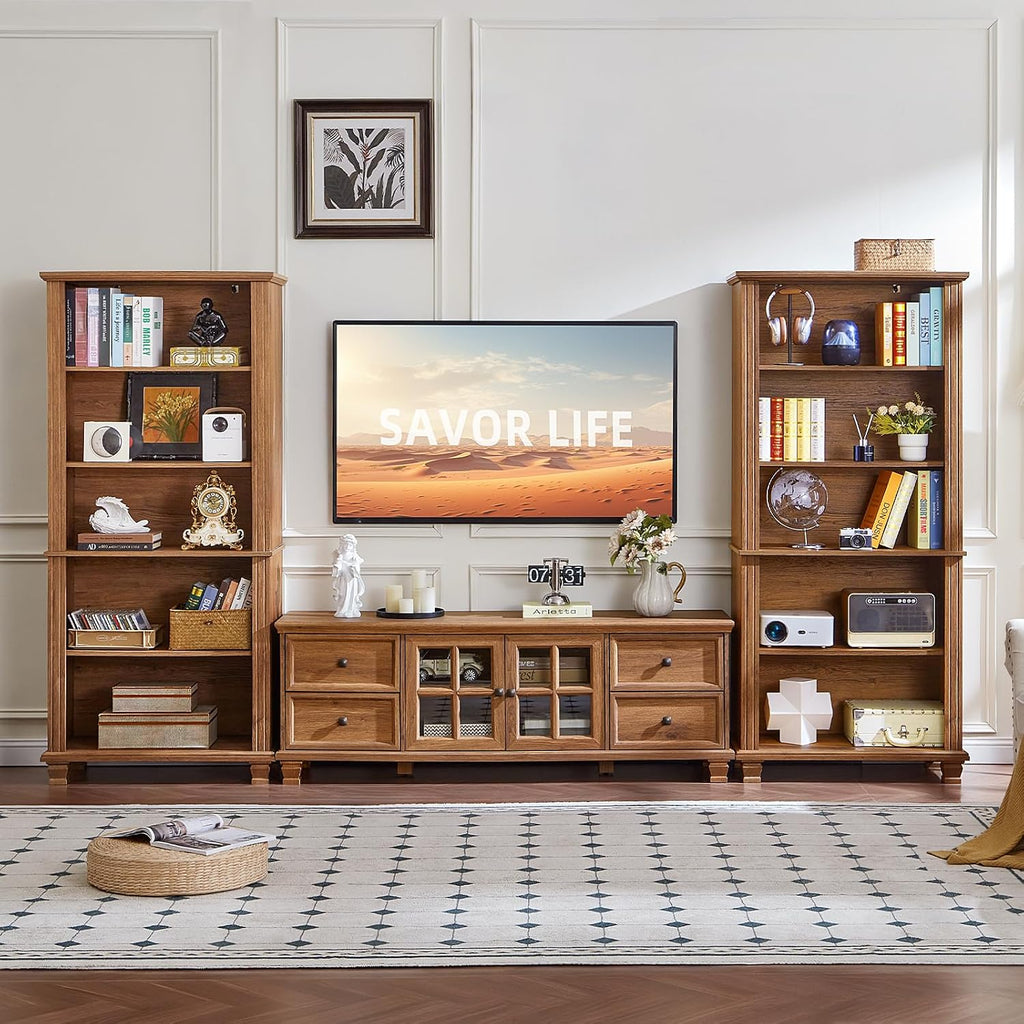 Farmhouse TV Stands for Living Room, Brown | Heavy-Duty Rustic Entertainment Center with 4 Drawers & Thickened Top & Square Wooden Legs for 65 Inch TV
