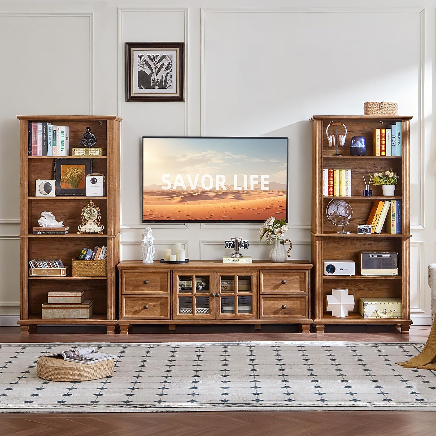 Farmhouse TV Stands for Living Room, Brown | Heavy-Duty Rustic Entertainment Center with 4 Drawers & Thickened Top & Square Wooden Legs for 65 Inch TV