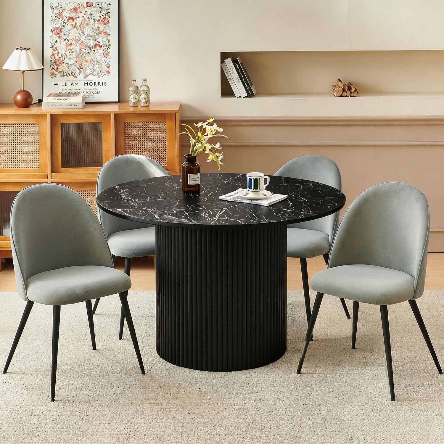 Homedot Kitchen&Dining Room Table Set for 4, Black Wooden Dining Table Round and Upholstered Kitchen Side Living Room Chairs Set, Rustic Dining Set with Grey Velvet Chairs for Apartment Dining Hall