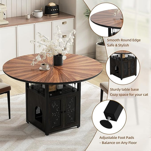 47" Round Dining Table Set for 4-6 People, Large Farmhouse Kitchen Dining Table Set with Chairs and Storage Rack, Metal Base Round Table for Home Dining Room Living Room (Cat table and 2 brown chairs)