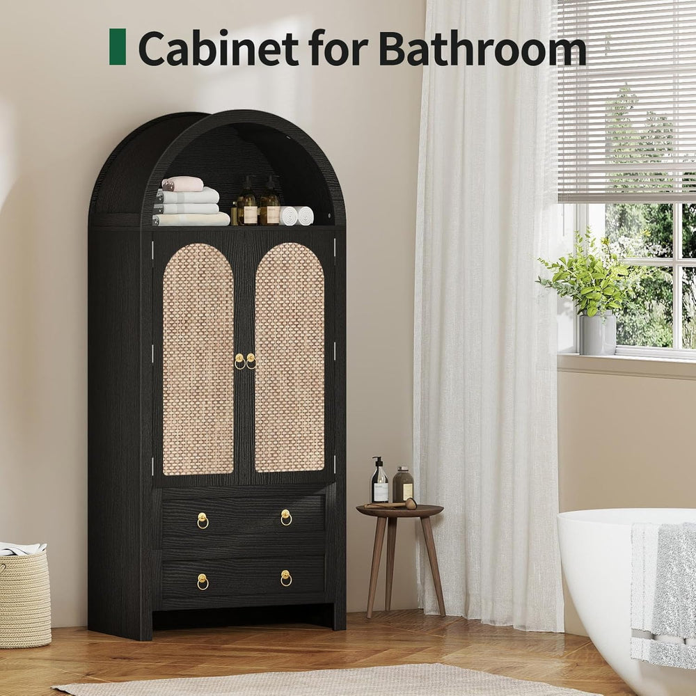71" Arched Cabinet Kitchen Pantry Cabinet with Rattan Doors, Storage Cab...
