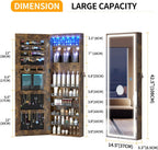 LVSOMT LED Mirror Jewelry Cabinet, Wall/Door Mount Jewelry Armoire Organizer with Lights, Full Length Mirror with Jewelry Storage, Over the Door Hanging Cabinet (Rustic Brown)