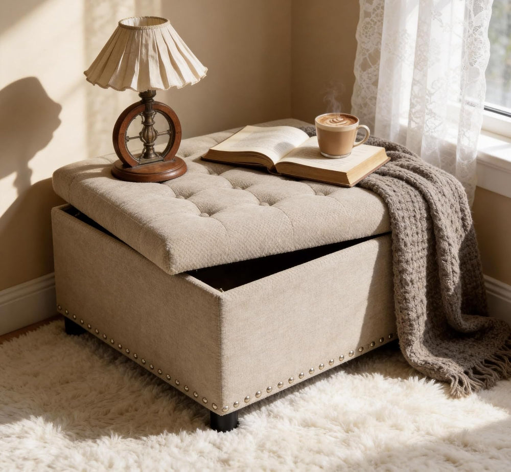 Oversized Square Ottoman with Storage for Living Room, Upholstered Fabric Tuf...