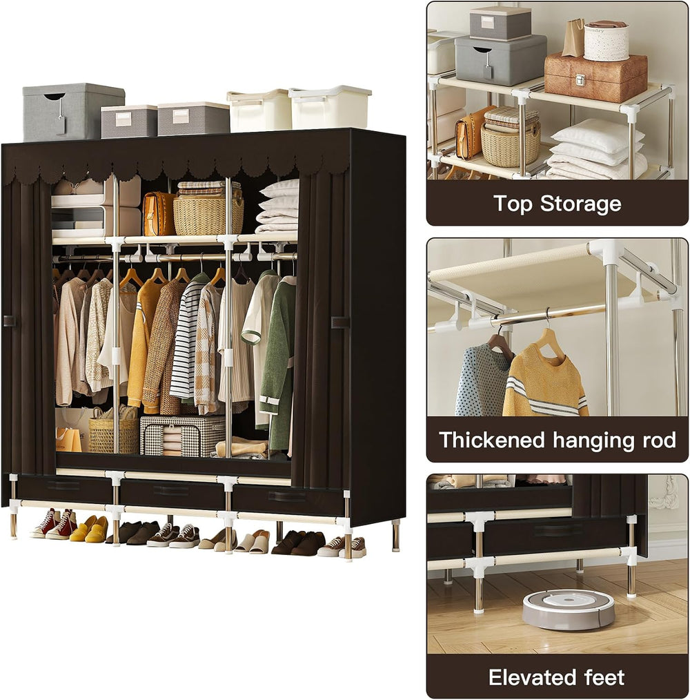 Portable Wardrobe 3 Rods 3 Drawers 3 Compartments Non-Woven Fabric Metal Fram...