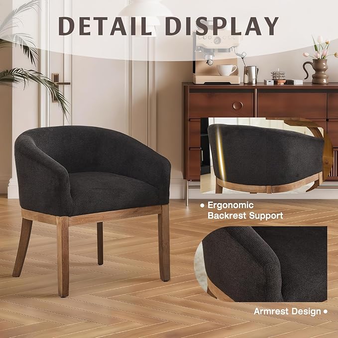 SoarFlash Mid Century Modern Upholstered Barrel Dining Chairs Set of 6, Farmhouse Linen Kitchen and Dining Room Chairs, with Natural Hardwood Frame (Black)