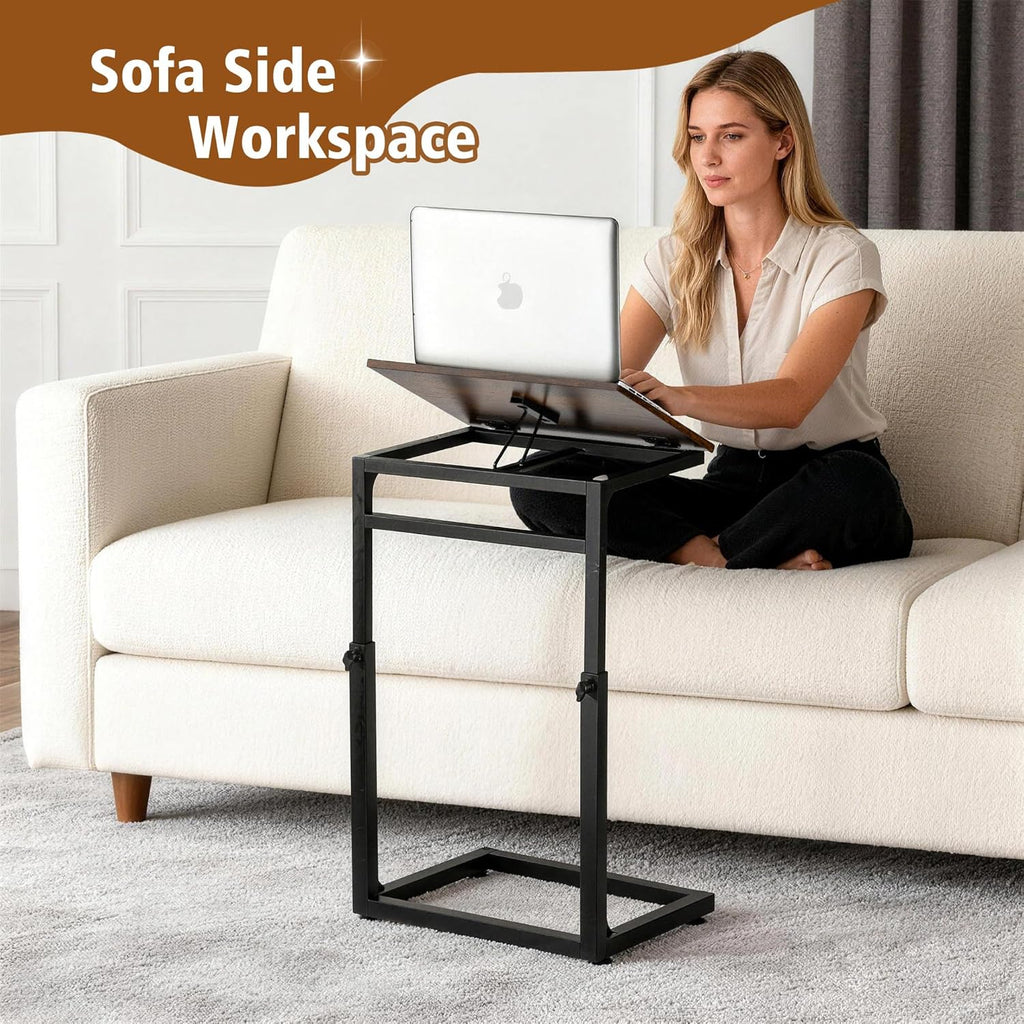 facka C Shaped TV Tray Table, Adjustable Height & 0-60° Tilt for Couch | C Table Sofa Side End Table with Stopper Ledge, Couch Table for Eating, Laptop, Reading & Small Spaces Brown