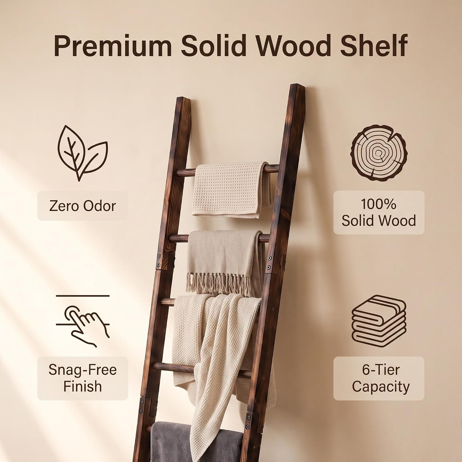 Carbonized Farmhouse Blanket Ladder, 6-Tier Rustic Wooden Rack | Reinforced Construction,3lbs Per Tier,Holds Clothes Scarves Belts,Christmas Decor Friendly,Fits All Home Styles,Easy to Clean