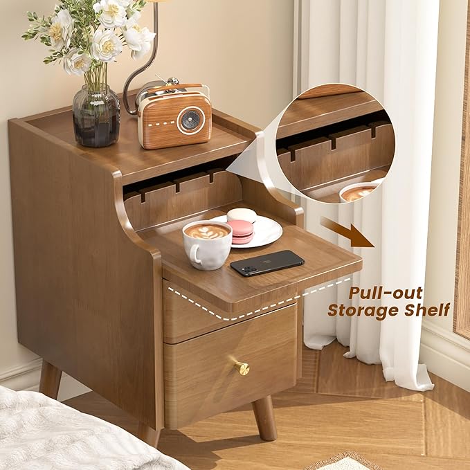 Narrow Nightstand, Solid Wood Night Stand with 2 Drawers, Walnut Mid Century Modern Nightstand, Small Beside Table with Open Storage Shelf for Bedroom（12 inch