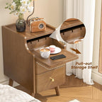 Narrow Nightstand, Solid Wood Night Stand with 2 Drawers, Walnut Mid Century Modern Nightstand, Small Beside Table with Open Storage Shelf for Bedroom（12 inch