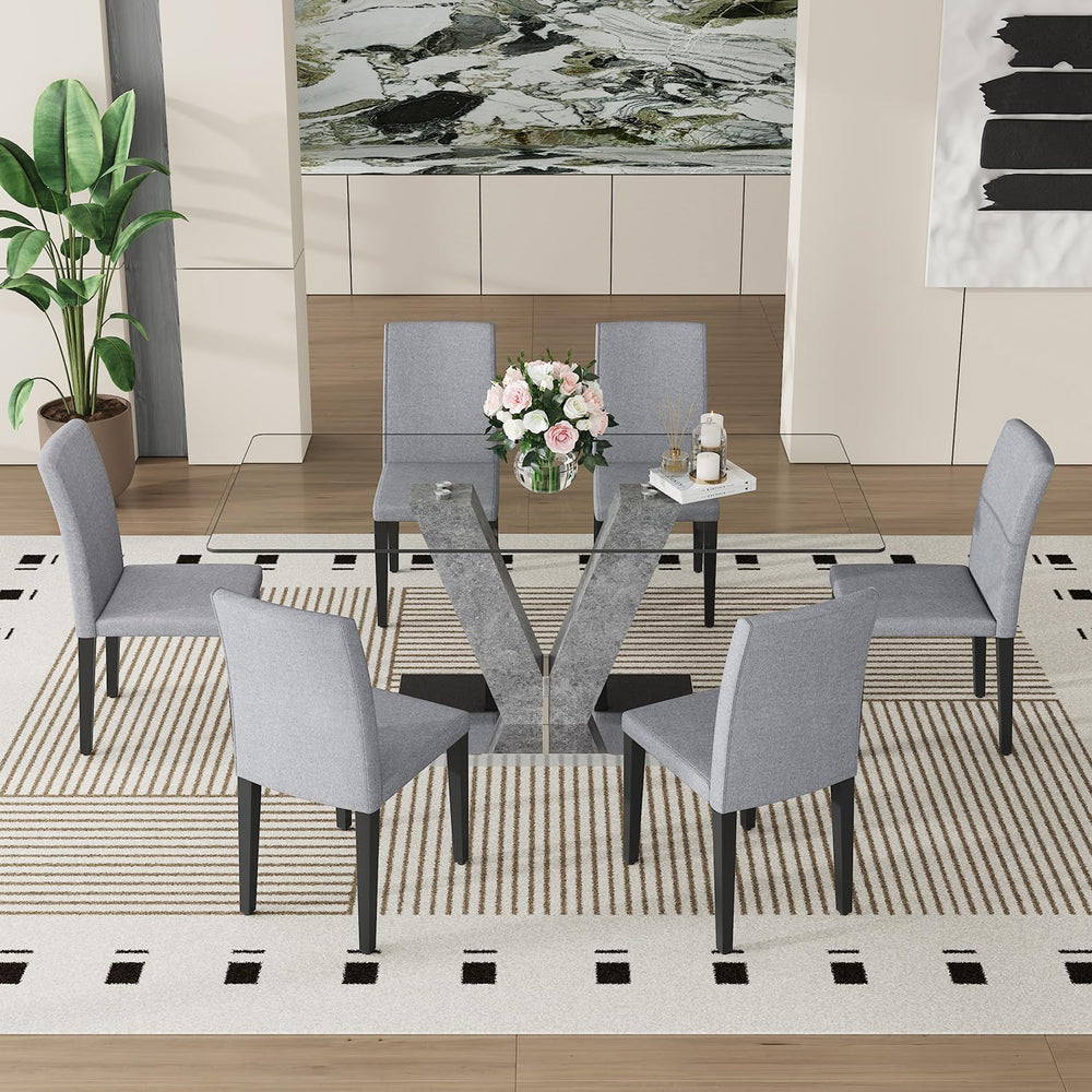 71" Glass Dining Table Set for 6, 7-Piece Glass Dining Table Set with Ch...