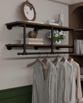 Wall Mounted Clothes Rack 12 Inch Deep, 42 Inch Heavy Duty Garment Rack with Real Walnut Wood Shelf, Multi-Purpose Hanging Rod & Space-Saving Closet Storage Organizer