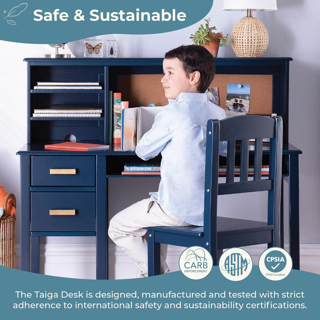 Guidecraft Taiga Kids Desk and Chair Set with Hutch - Navy: Wooden Computer Desk & Workstation | Kids Table with Storage, Drawers and Cubby Shelves, Children's Study Table & Chair Set