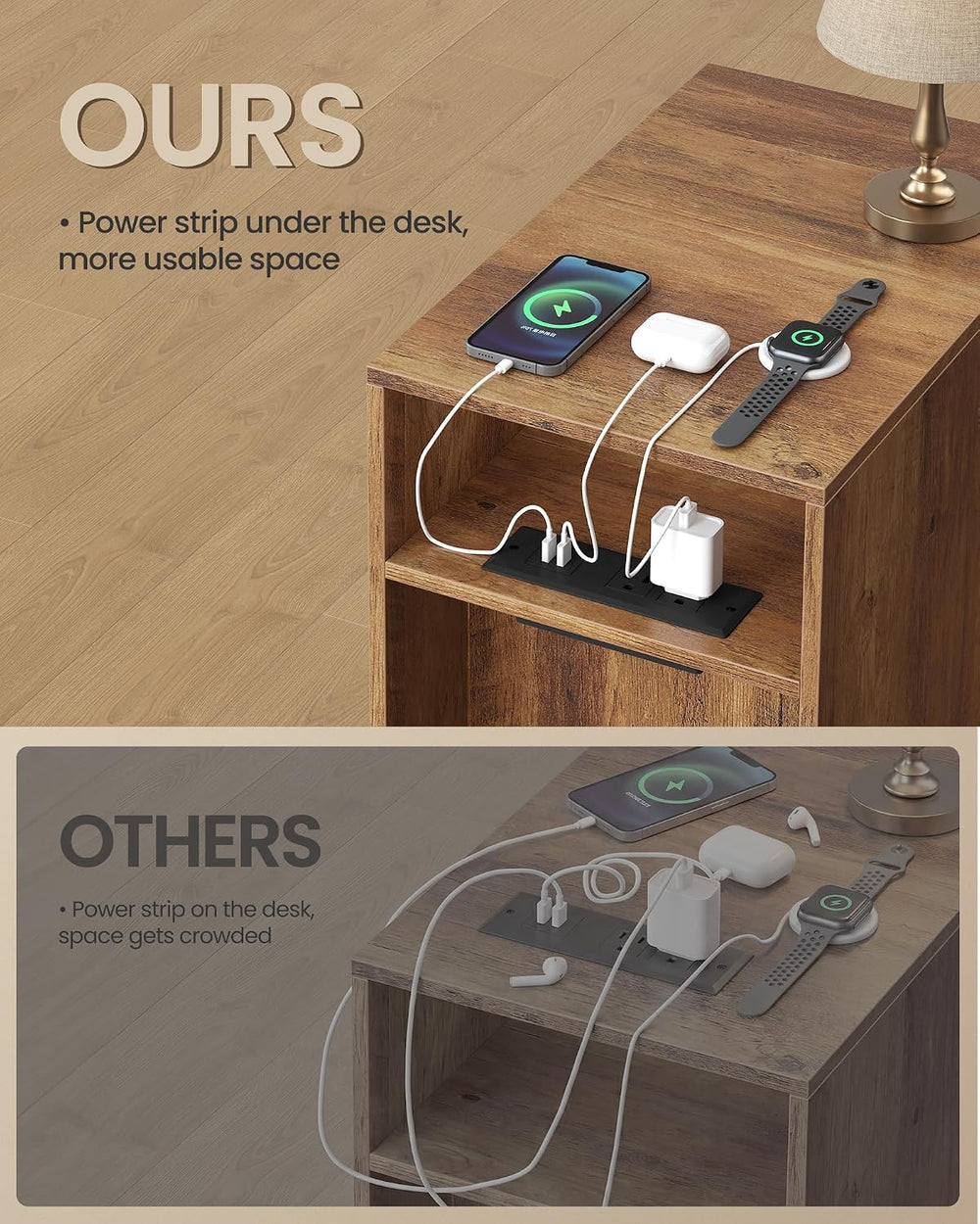VASAGLE End Table with Charging Station, Narrow Side Table, Nightstand