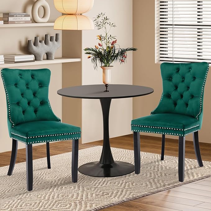 3-Piece 31.5" Round Dining Table Set for 2, Black Table & Green Velvet Upholstered Dining Chairs