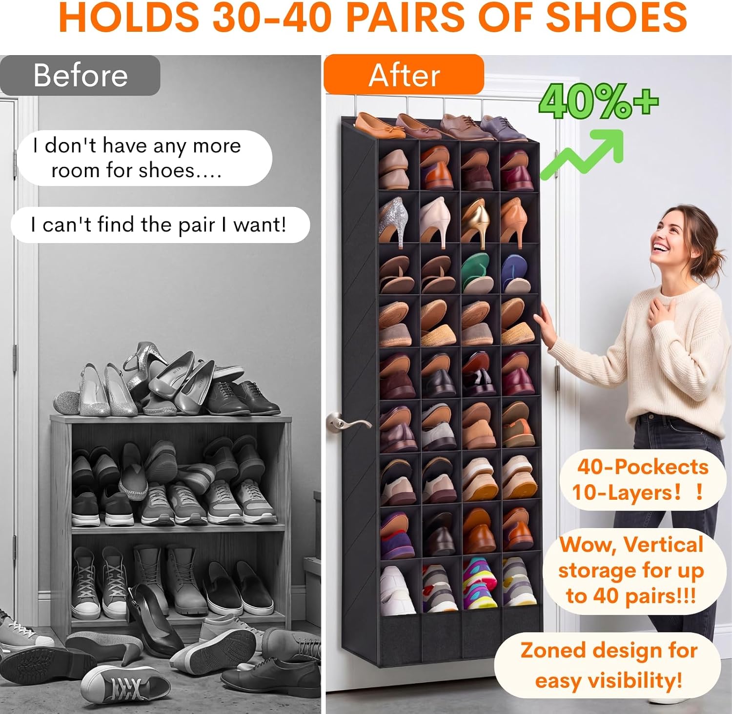 Ofiray-home Over the Door Shoe Organizer, 30-40 Pairs | Large & Deep Pockets, Fits Boots, Sneakers or Larger Shoes, Space-Saving, For Bedroom, Small Closet, Entryway