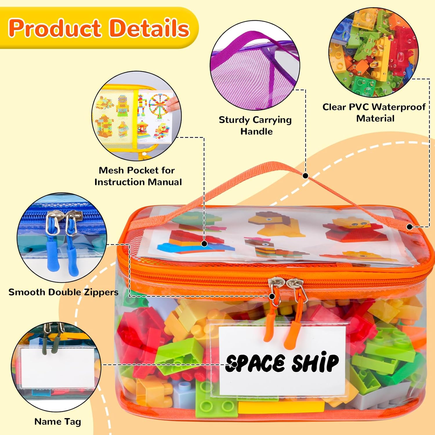 6 Pack Clear Toy Storage Bag with Name Tag& Manual Pocket, Waterproof Transparent PVC Toy Organizer Case for Lego Bricks, Board Games, Building Blocks, Puzzles (Large Capacity, Colorful)