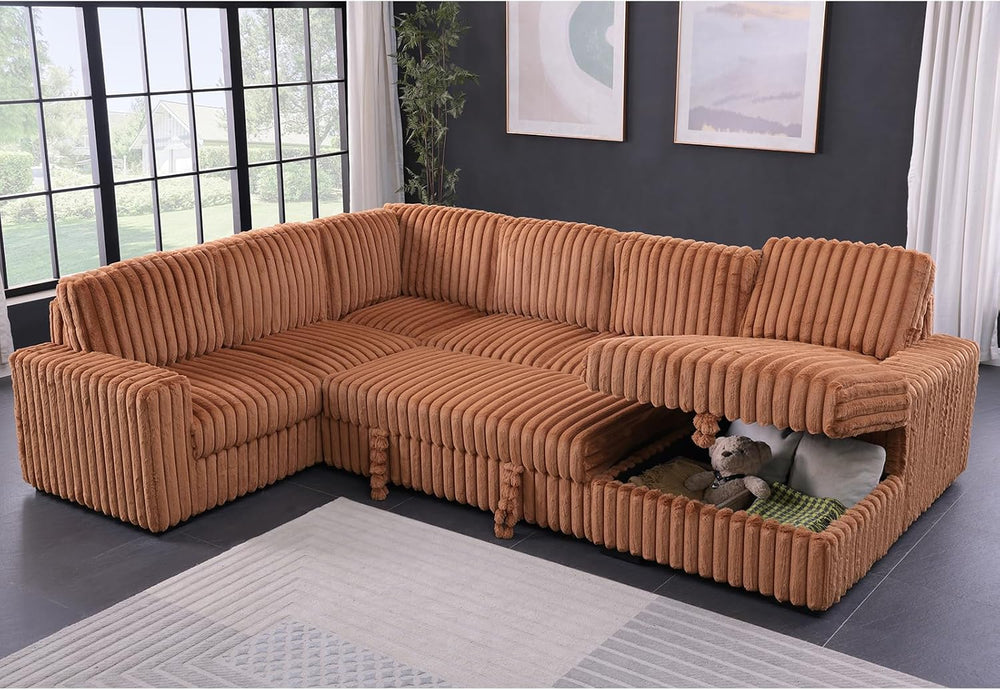 122'' Convertible U-Shaped Faux Rabbit Fur Plush Sectional Sleeper So...