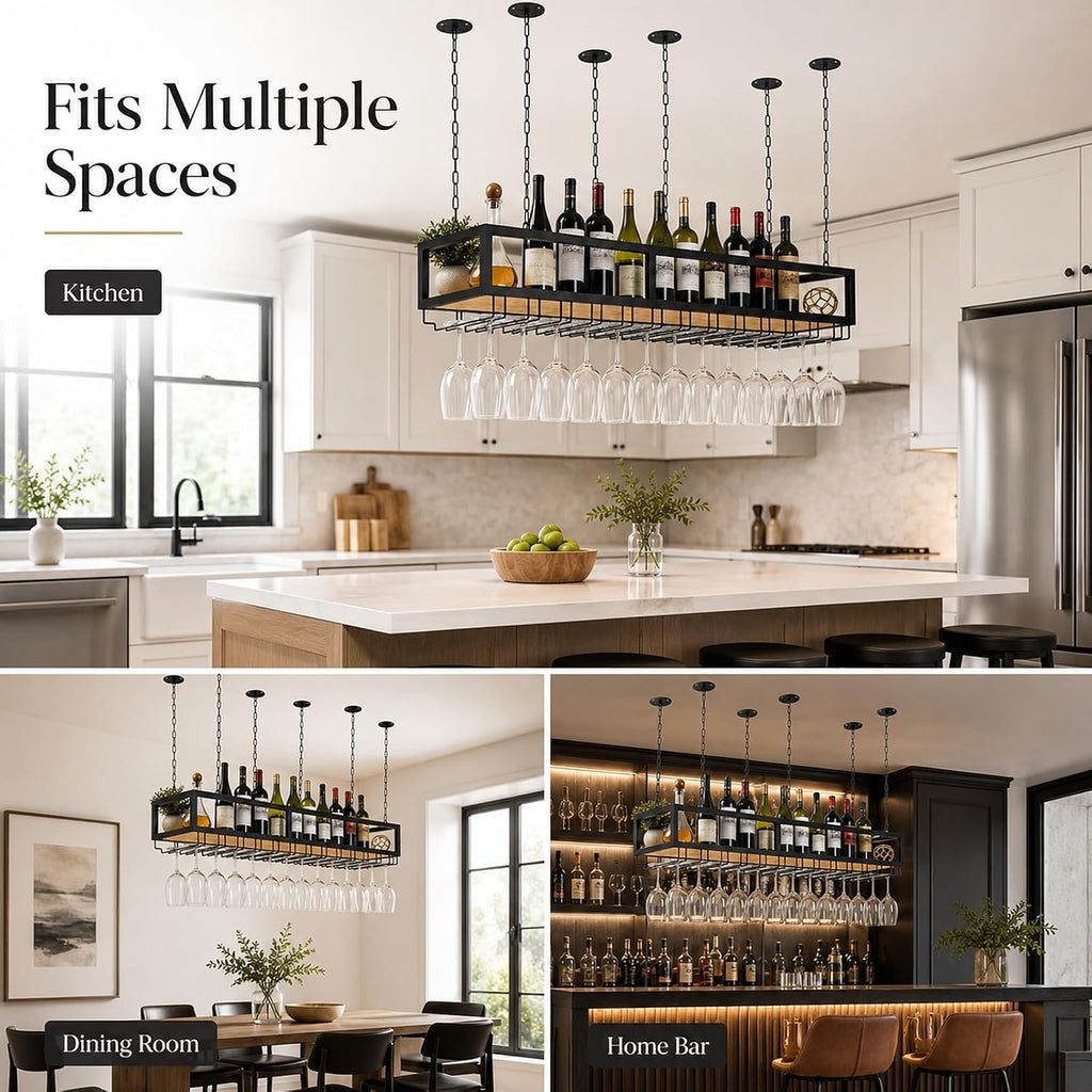 Ceiling Wine Glass Rack - Hanging Wine Rack with Glass Holder and Shelf, Height Adjustable Industrial Hanging Wine Bottle Holder, Black Metal Ceiling Shelf for Bar Cafe Kitchen (47.2×9.8×8.6in)