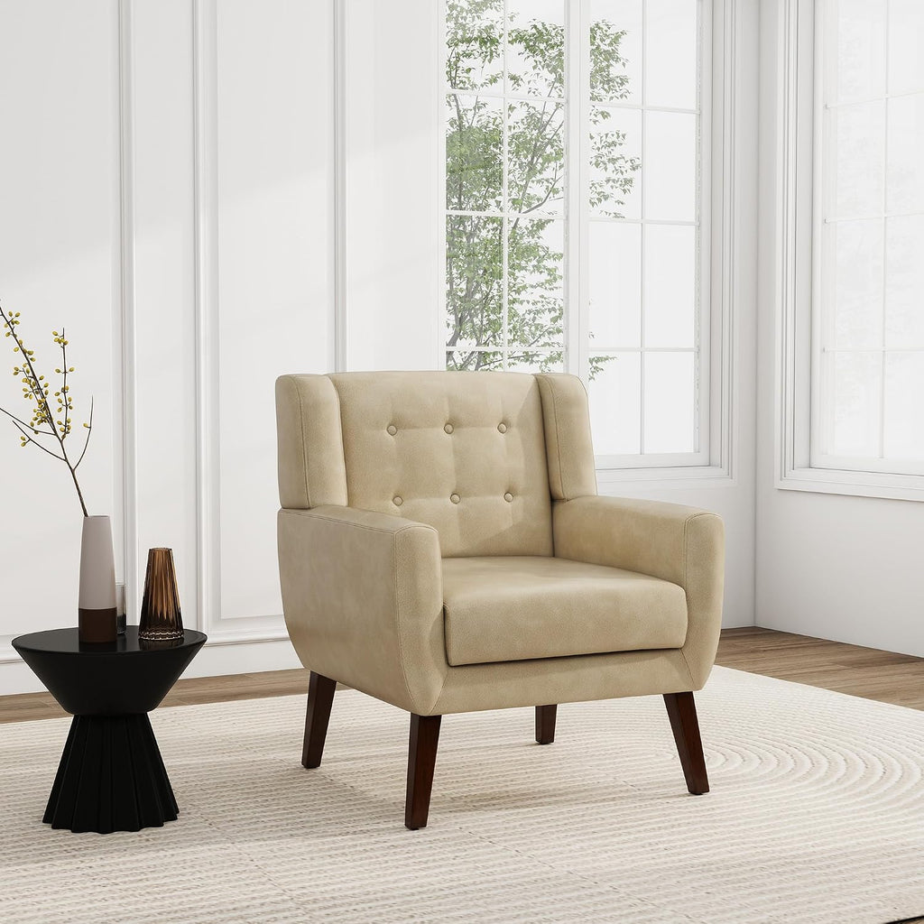 PU Leather Accent Chairs Set of 2, Upholstered Armchair, Cream | Mid Century Modern Living Room Chair, Button Tufted Wingback Chair with Removable Cushion, Bedroom Side Reading Seat