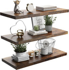 Wall Shelf Set of 3, Rustic Brown Floating Shelves 24 in W x 10 in D x 1 in H, Wooden Floating Wall Shelf with Invisible Brackets for Living Room/Bedroom/Bathroom/Kitchen Storage and Decor