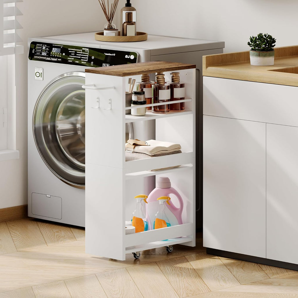 ChooChoo 4-Tier Slim Storage Cart with Handle, 7.87" W Rolling Utility Cart on Universal Wheels, Kitchen Cart Mobile Shelving Organization for Laundry Room, Bathroom & Narrow Places (Walnut & White)