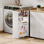 ChooChoo 4-Tier Slim Storage Cart with Handle, 7.87" W Rolling Utility Cart on Universal Wheels, Kitchen Cart Mobile Shelving Organization for Laundry Room, Bathroom & Narrow Places (Walnut & White)