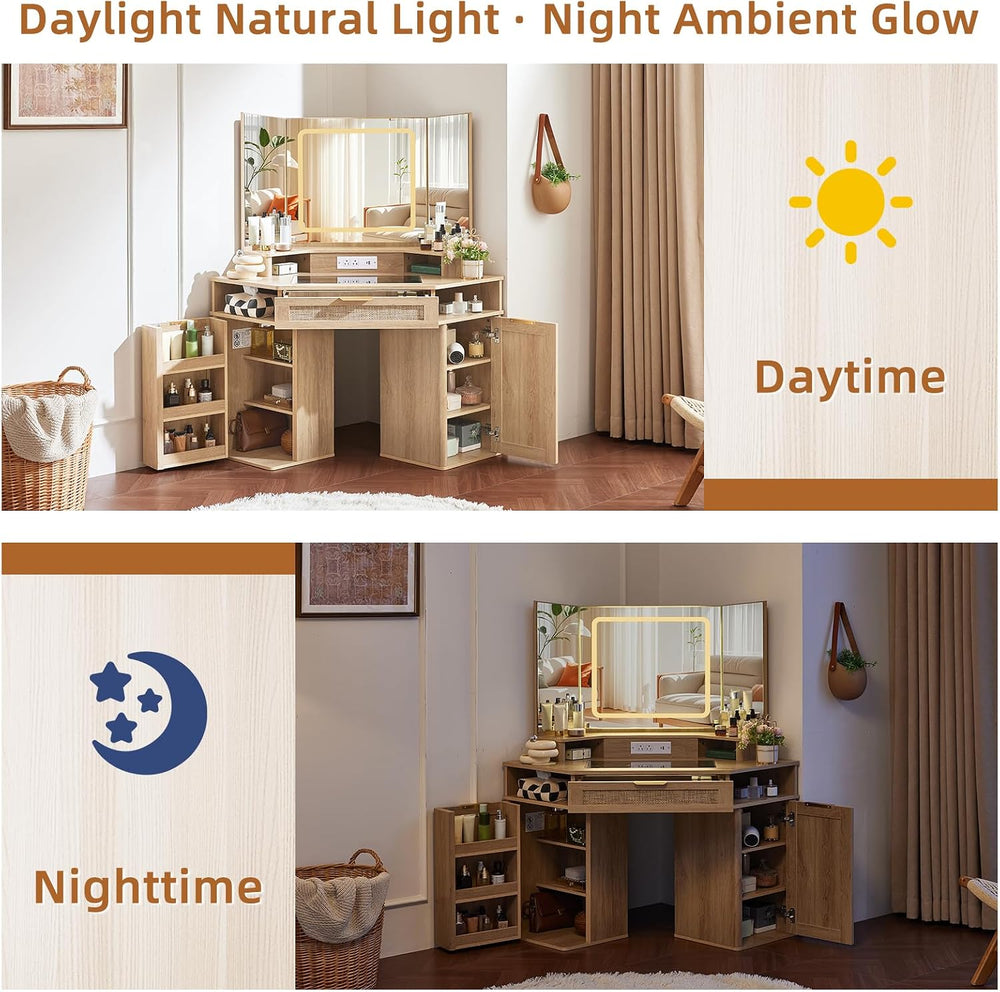 Lerliuo Corner Vanity Desk with 3 Way Mirror and Lights, Stool Sets | 46'...