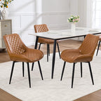 Dining Chair Set of 3, Modern Dining Chairs with Thick Cushions, Faux Leather Upholstered Kitchen Dining Room Chairs with Metal Adjustable Legs for Dining Living Room, Brown