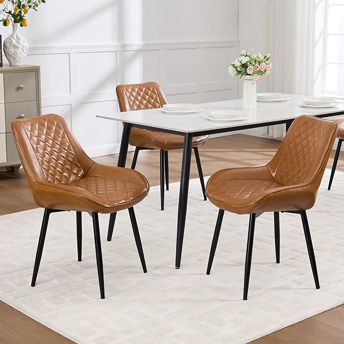 Dining Chair Set of 3, Modern Dining Chairs with Thick Cushions, Faux Leather Upholstered Kitchen Dining Room Chairs with Metal Adjustable Legs for Dining Living Room, Brown