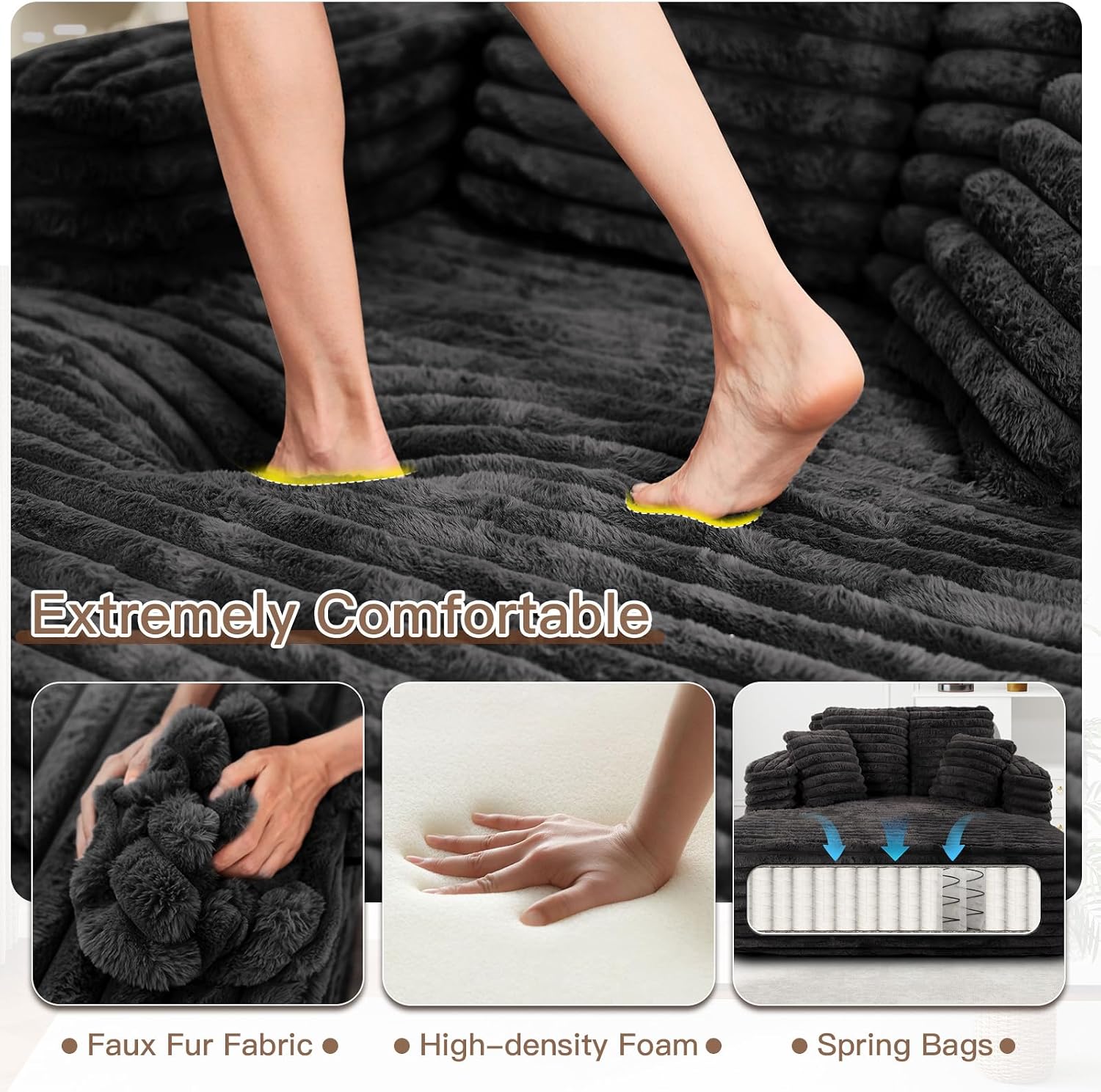 56" Oversized Chaise Lounge Chair Indoor,Plush Faux Fur Sleeper Sofa Couch Bed with Pillows&Wide Armrests,Fluffy Comfy Cloud Couch,Compression Foam Couch for Living Room,Bedroom(Black)