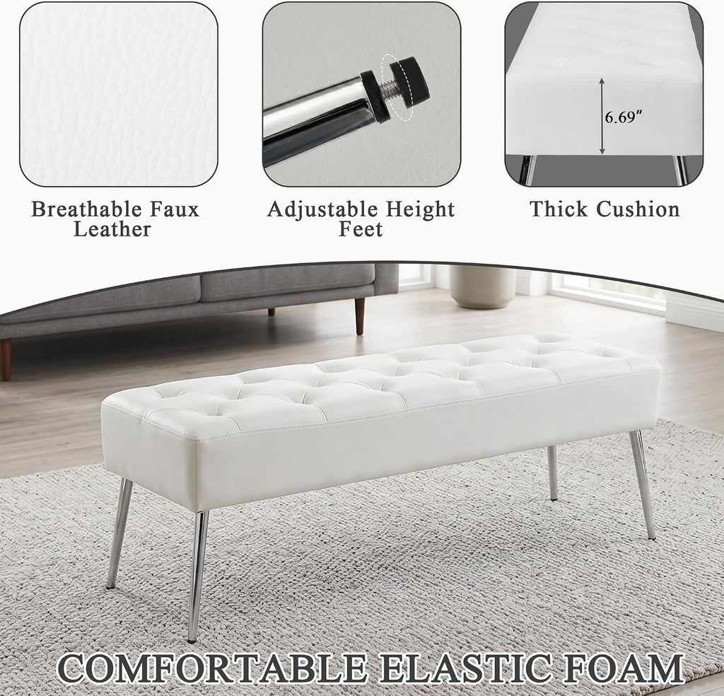 DUHOME Button-Tufted Ottoman Bench, Upholstered Footrest Stool Rectangular Dining Bench Leather Accent Bench for Entryway Dining Room Living Room Bedroom, White