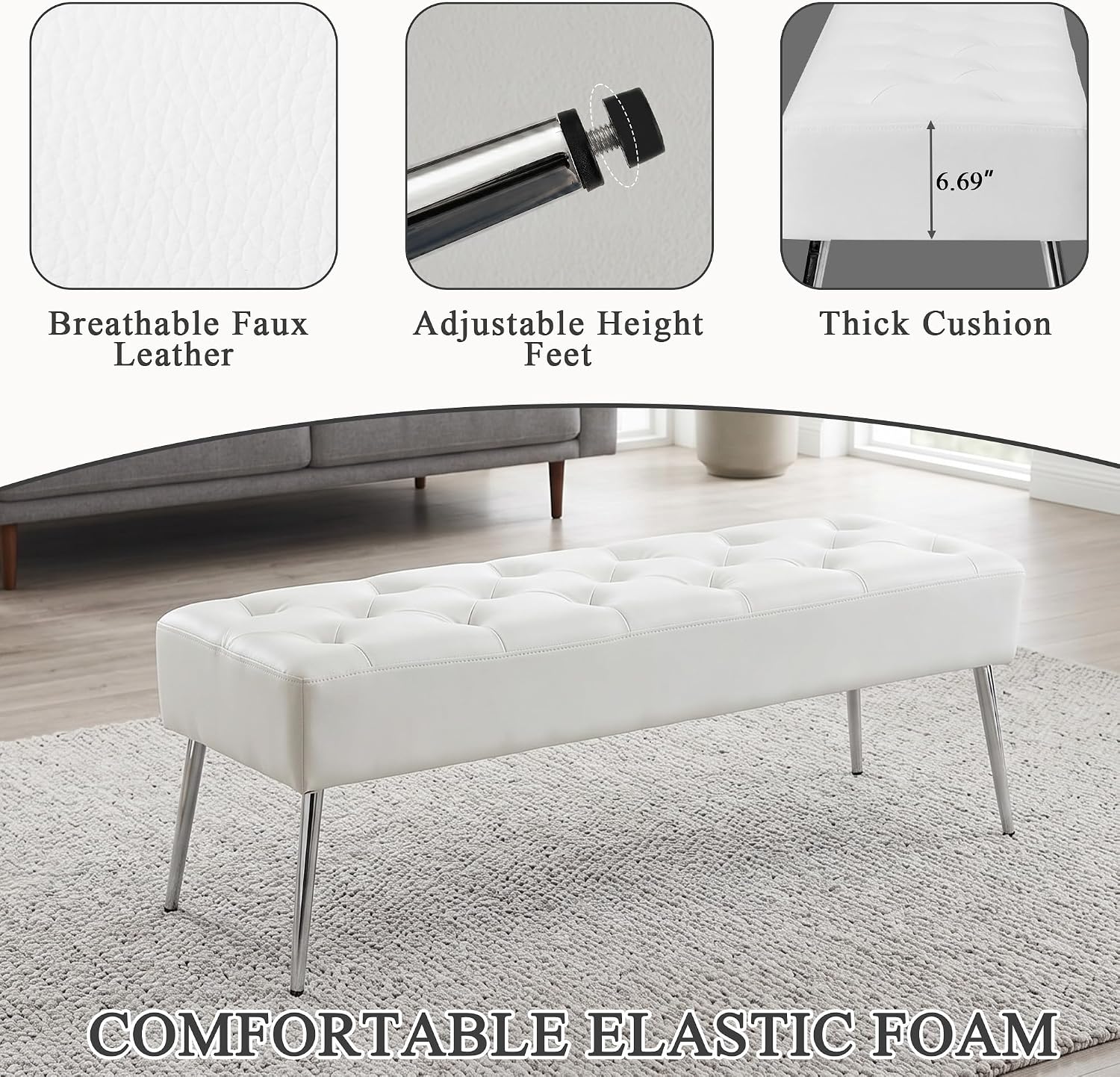 DUHOME Button-Tufted Ottoman Bench, Upholstered Footrest Stool Rectangular Dining Bench Leather Accent Bench for Entryway Dining Room Living Room Bedroom, White