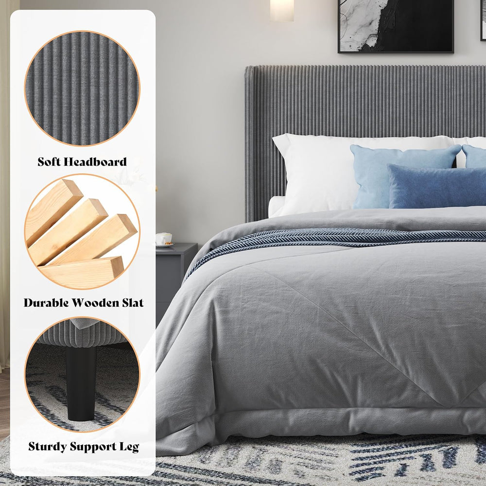 King Bed Frame, Upholstered Platform Bed with Corduroy Headboard, Grey
