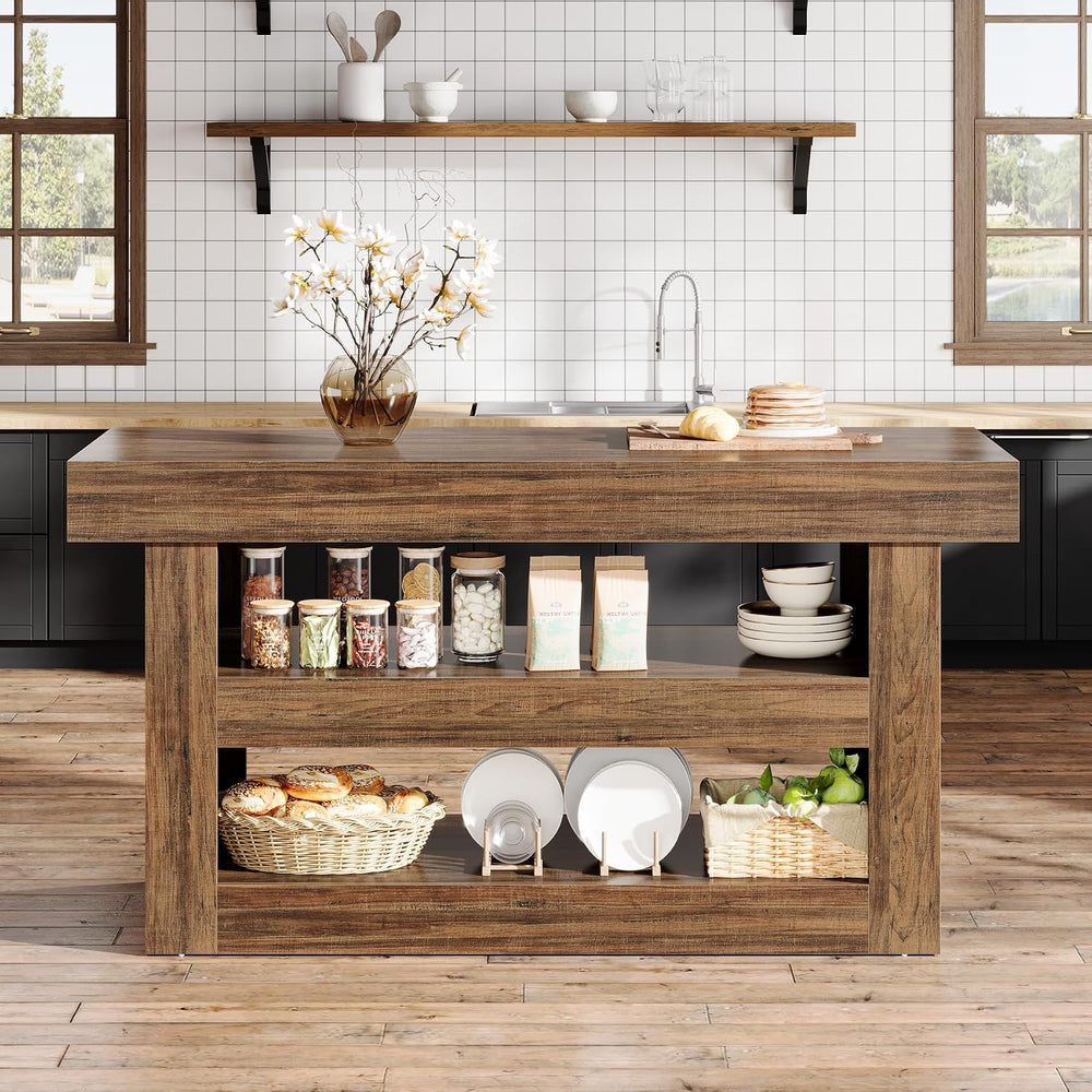 Tribesigns 55-Inch Kitchen Island with Storage, Farmhouse 3-Tier Stationary I...
