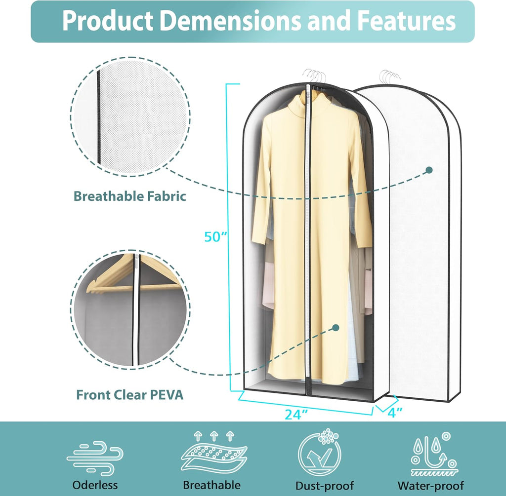 50” Garment Bags for Hanging Clothes 4” Gusseted - with Clear Window, Breathable Fabric, Metal Zipper, Suit Coat Long Dress Protector for Clothes Closet storage, Season Off, Moving, 3 Pack